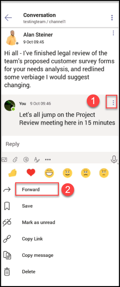 Reply and Forward option in Microsoft Teams Mobile App