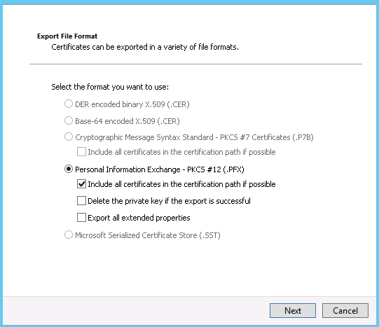 Export certificate file format