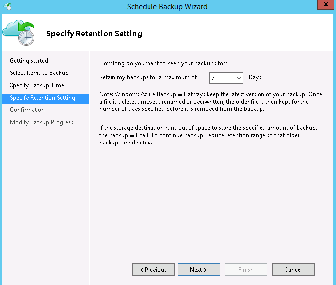 Backup retention settings in Server1