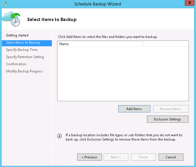 Select items to backup in Server1