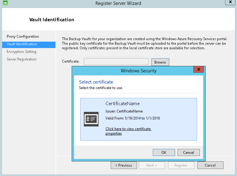 Register Server1 vault certificate selection