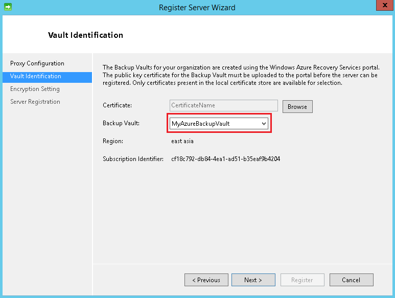 Register Server1 vault identification